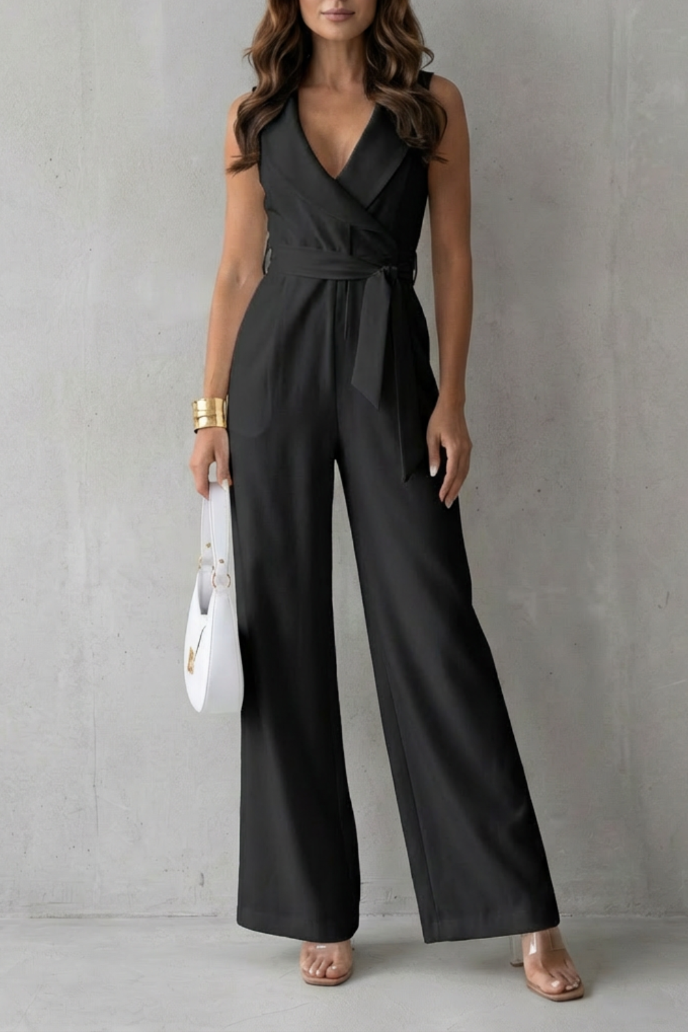 Women's Tailored Wrap Jumpsuit V-Neck Sleeveless Belted Wide Leg