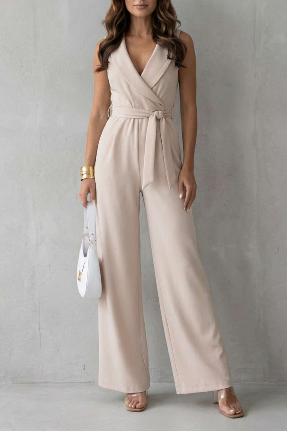 Women's Tailored Wrap Jumpsuit V-Neck Sleeveless Belted Wide Leg