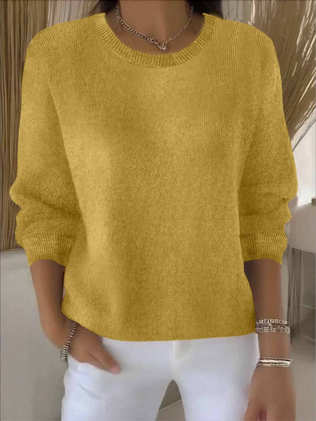 Women's Crew Neck Pullover Sweater Solid Long Sleeve Knit Casual