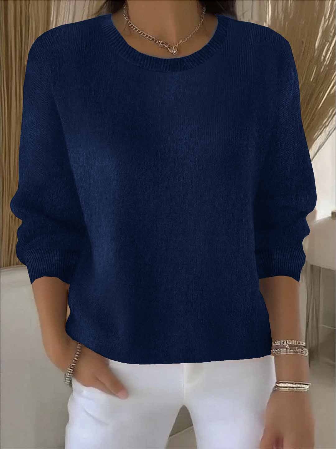 Women's Crew Neck Pullover Sweater Solid Long Sleeve Knit Casual
