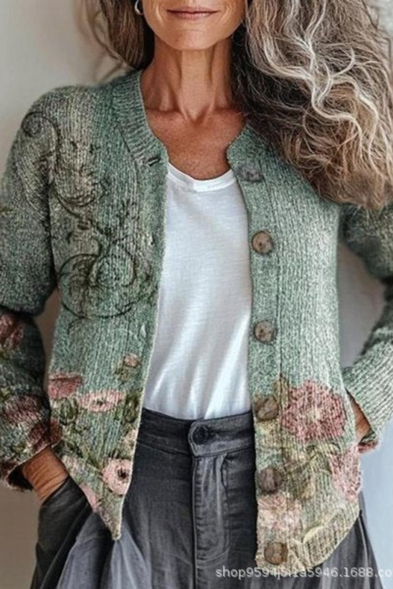 Women's Floral Patchwork Knit Cardigan Long Sleeve Button-Front Casual