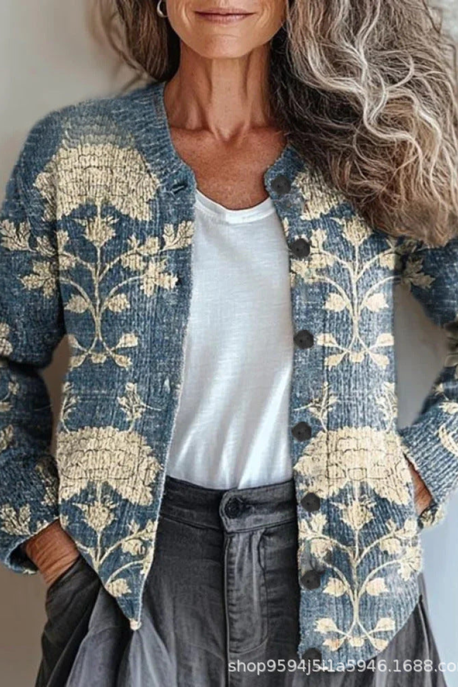 Women's Floral Patchwork Knit Cardigan Long Sleeve Button-Front Casual
