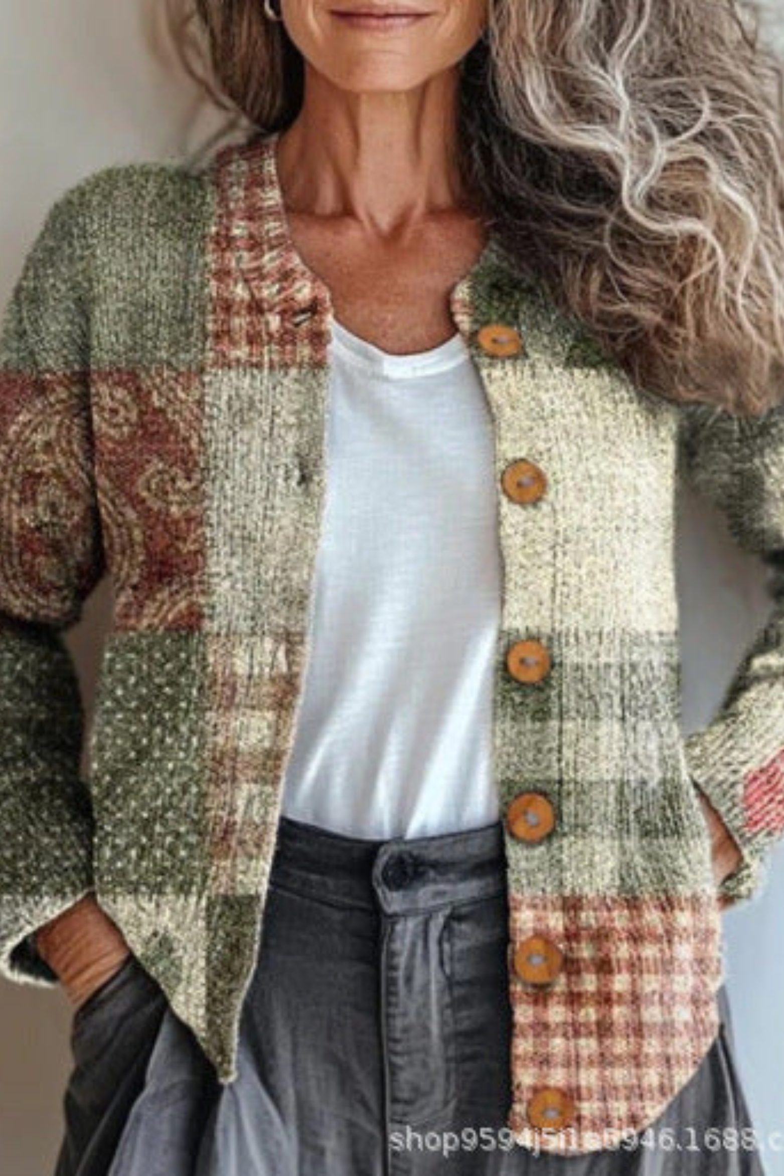 Women's Floral Patchwork Knit Cardigan Long Sleeve Button-Front Casual