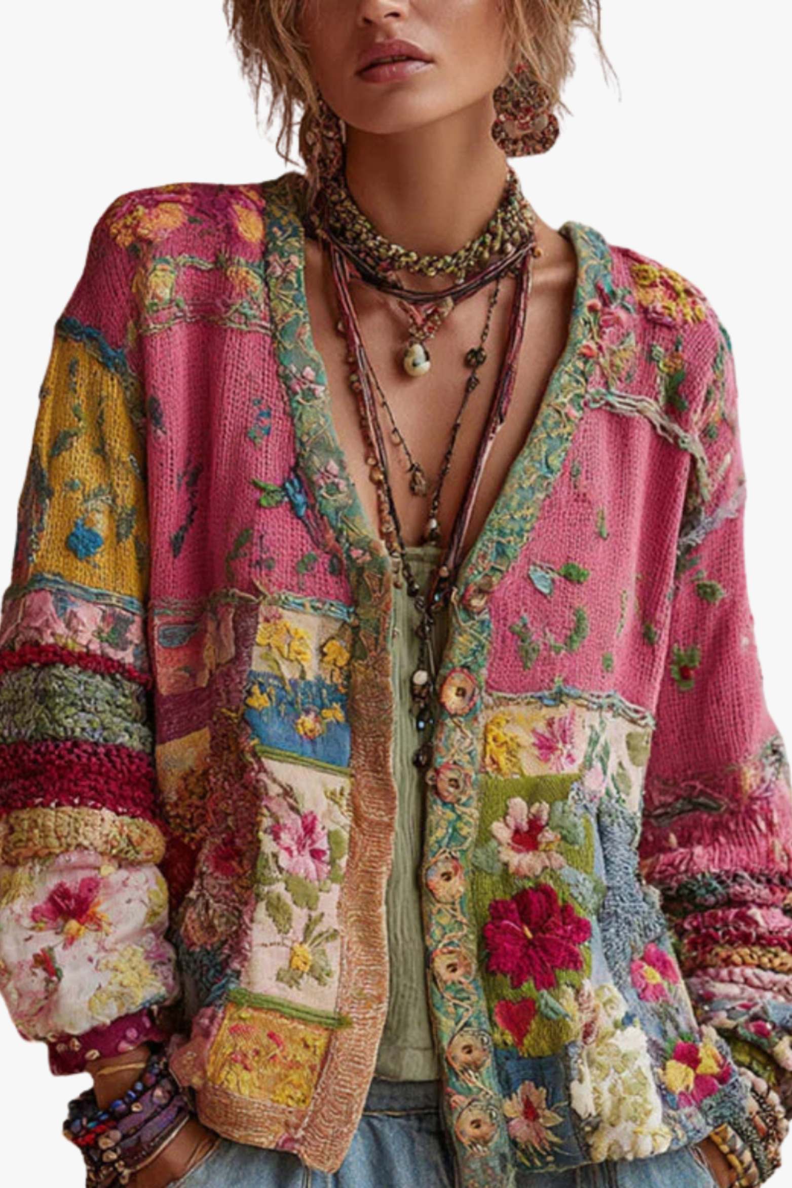 Women's Floral Patchwork Knit Cardigan Long Sleeve Button-Front Casual