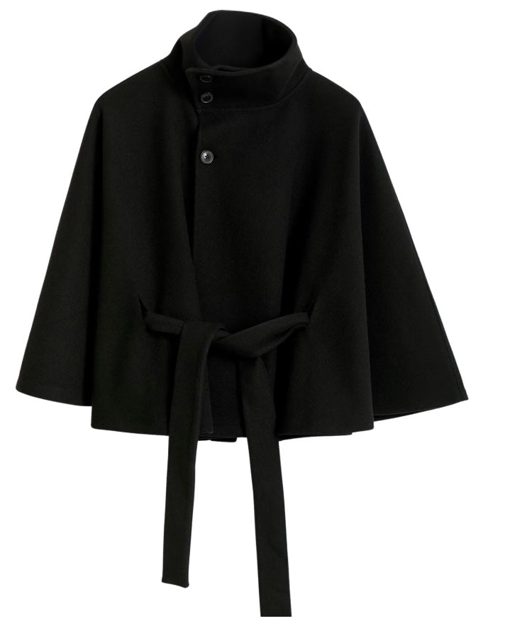 Women's Belted Cape Jacket Funnel Neck Batwing Sleeve Cream Layering Coat