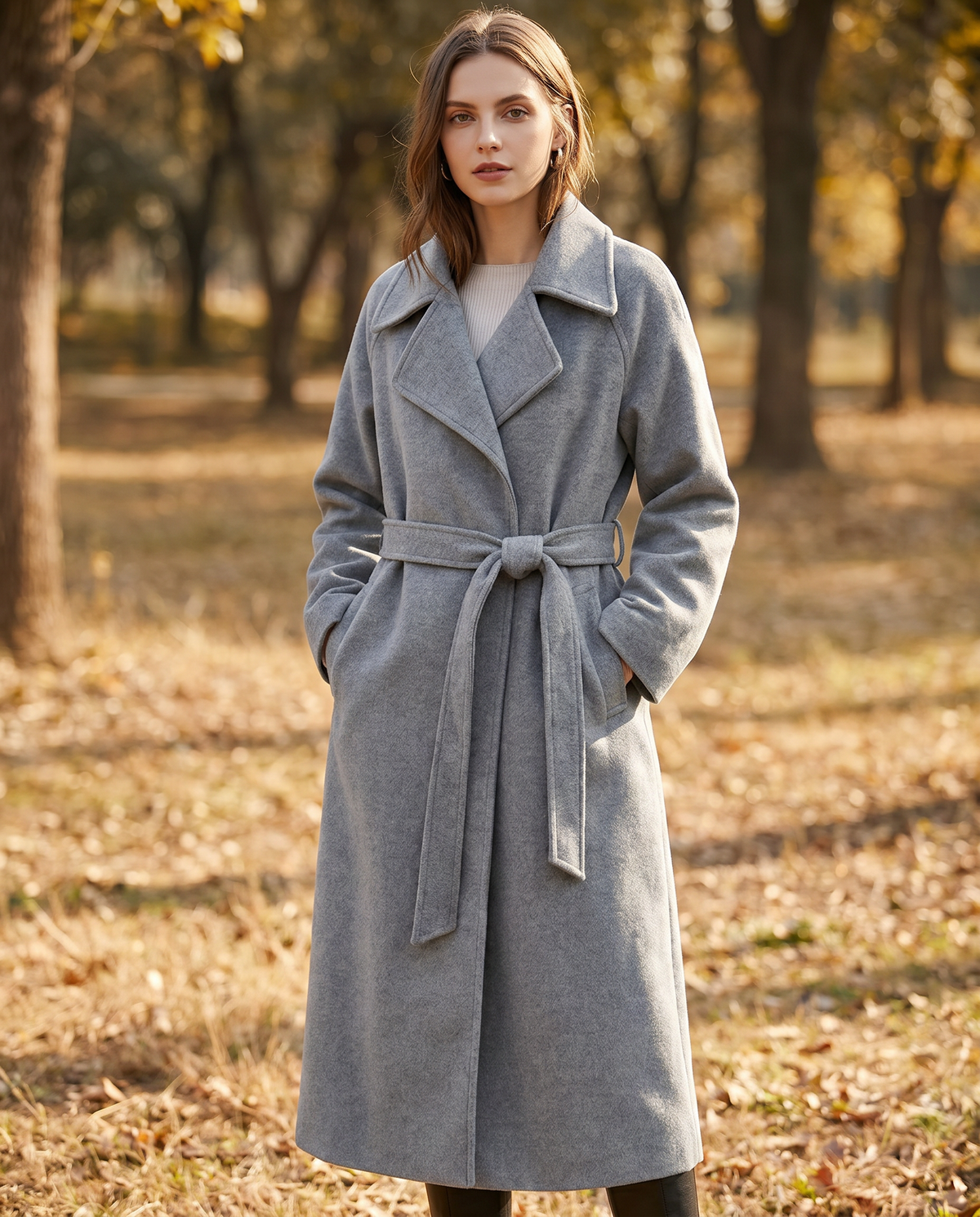 Women's Belted Wool-Blend Overcoat – Long Notch Lapel Tie-Waist Winter Coat