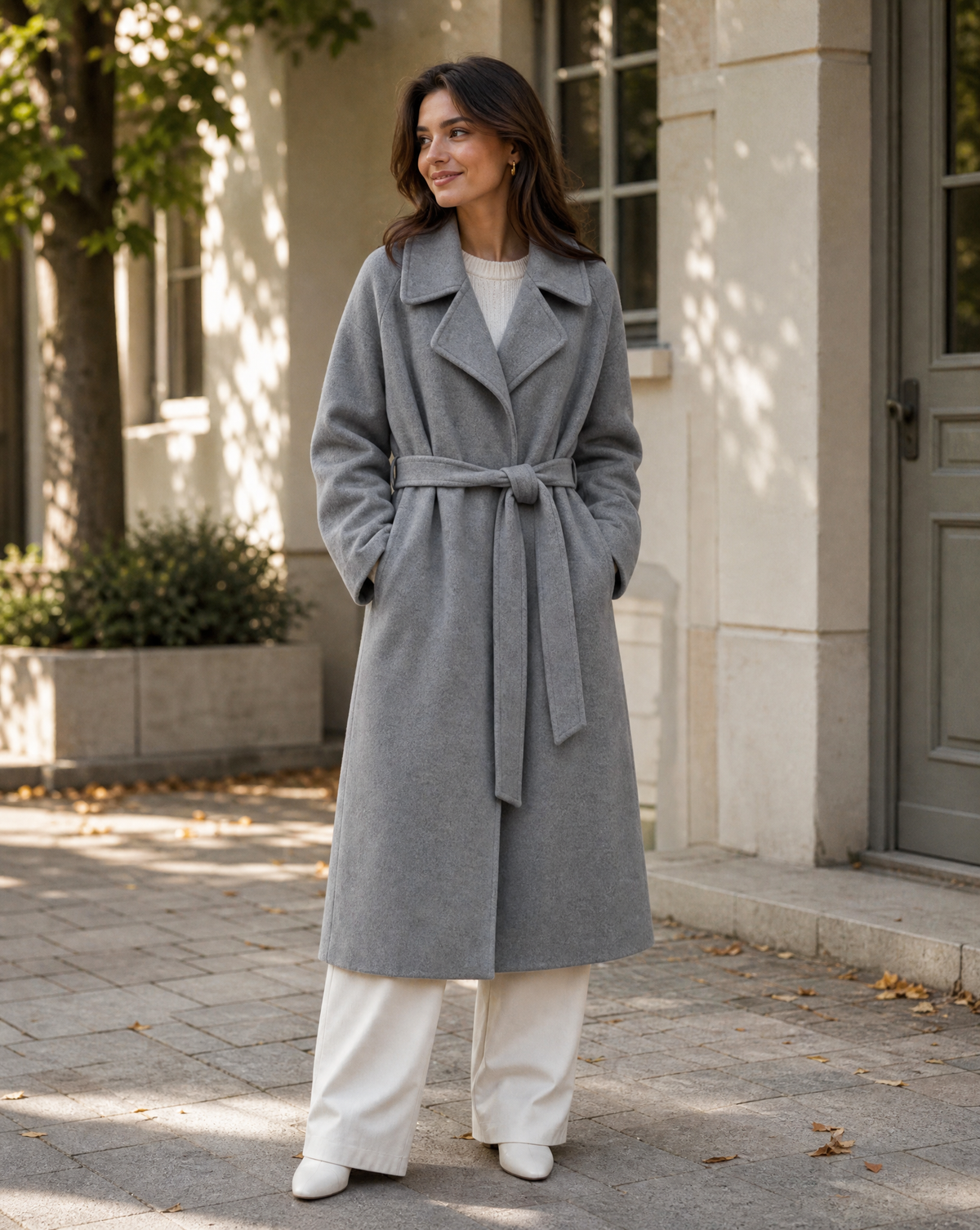 Women's Belted Wool-Blend Overcoat – Long Notch Lapel Tie-Waist Winter Coat