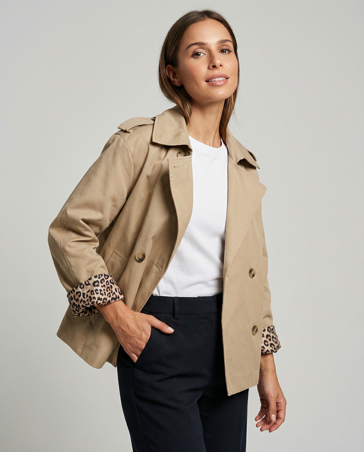Women's Trench Coat Double-Breasted Leopard Print Cuff Short Casual Jacket