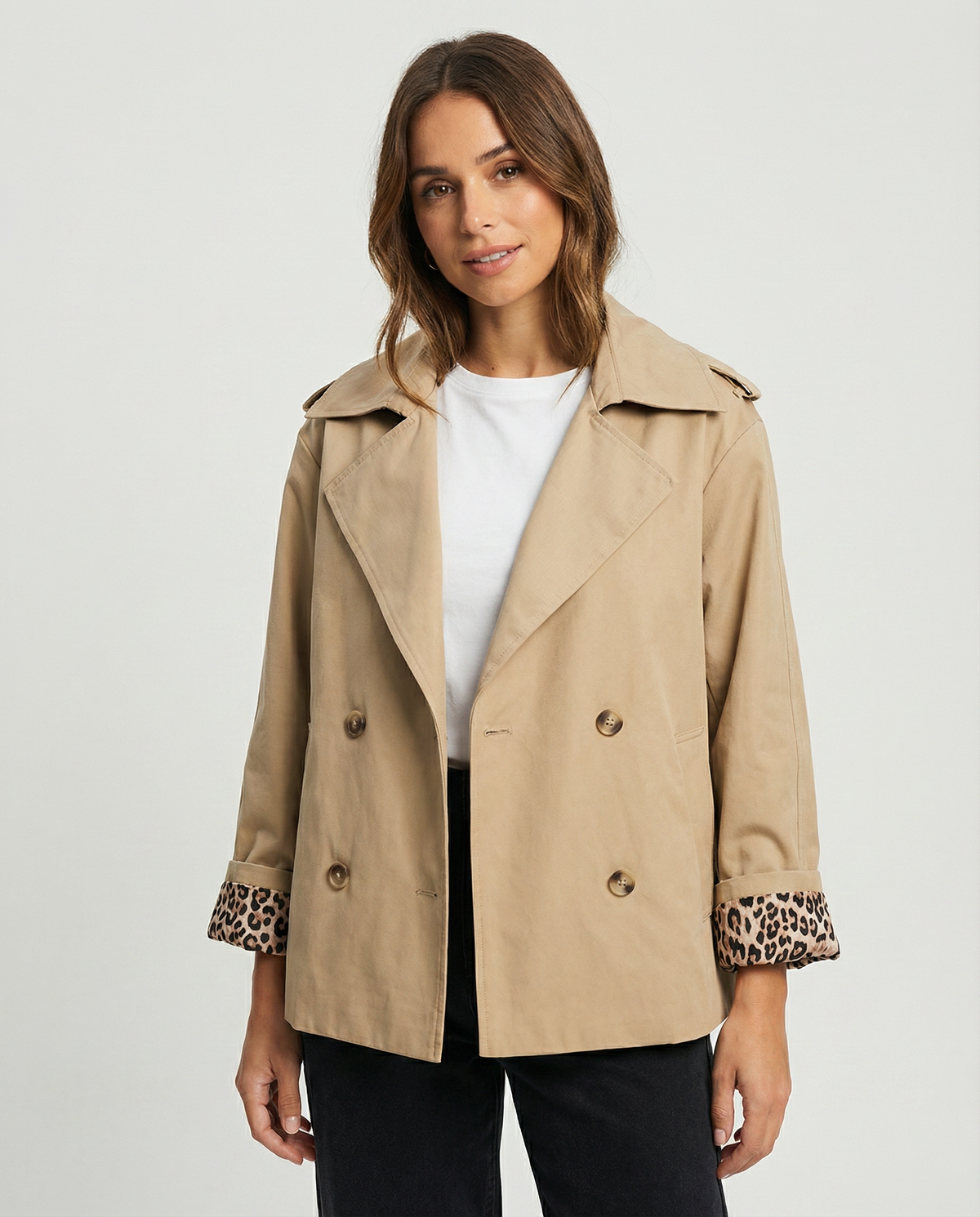 Women's Trench Coat Double-Breasted Leopard Print Cuff Short Casual Jacket