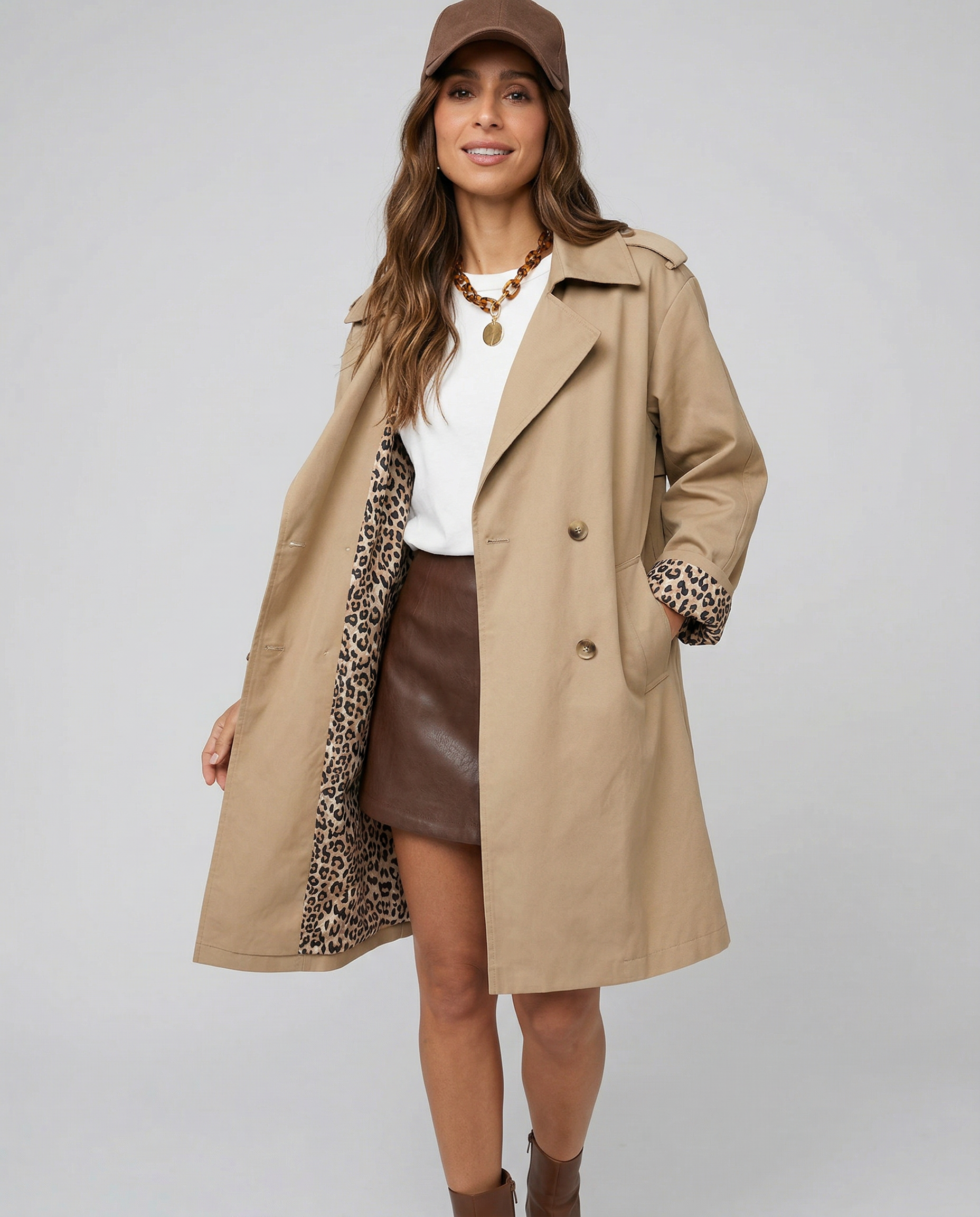 Women's Trench Coat Double-Breasted Leopard Print Cuff Short Casual Jacket