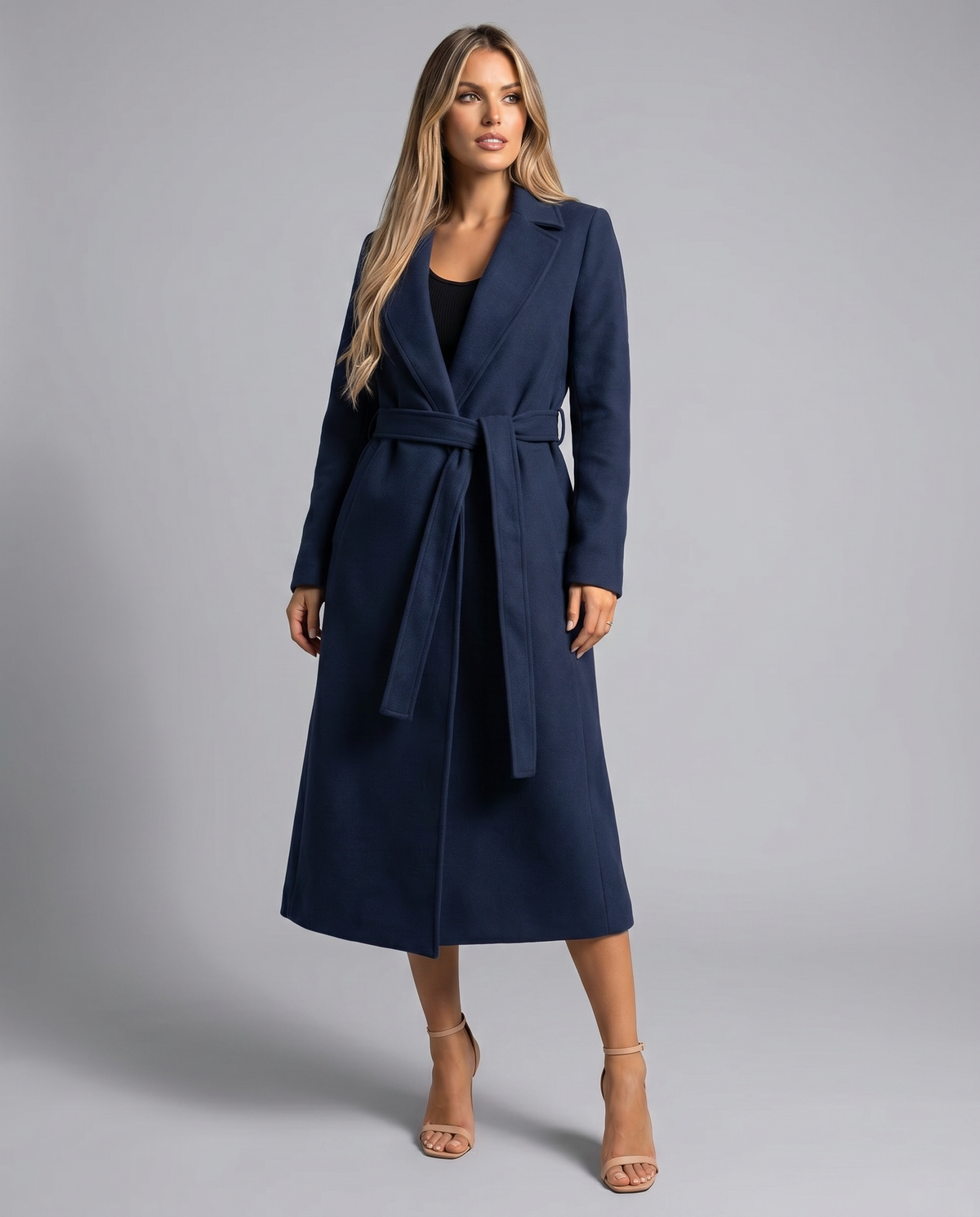 Women's Long Belted Trench Coat Lapel Long-Sleeve Wool-Blend Winter Overcoat