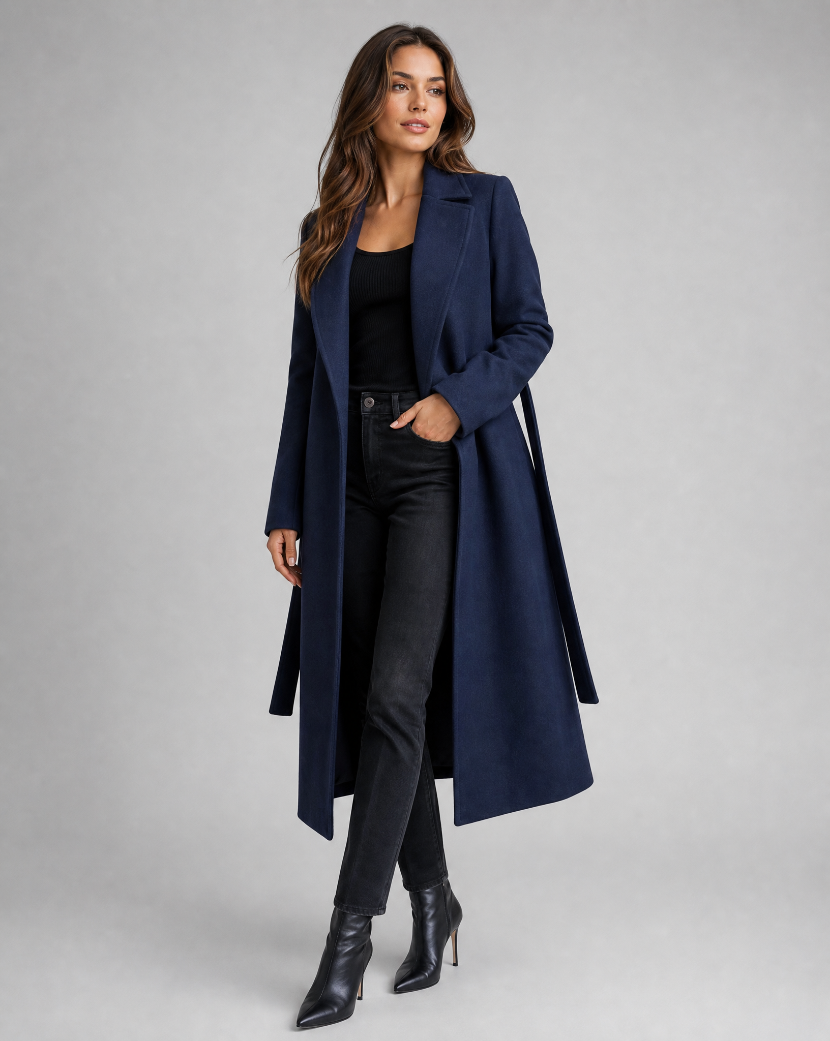 Women's Long Belted Trench Coat Lapel Long-Sleeve Wool-Blend Winter Overcoat