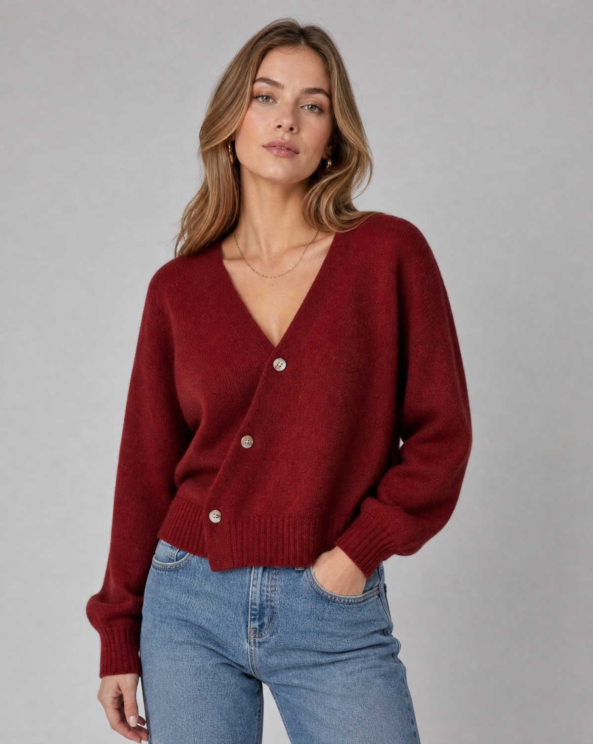 Women's Cross Button Cardigan V-Neck Long Sleeve Wool Blend Sweater