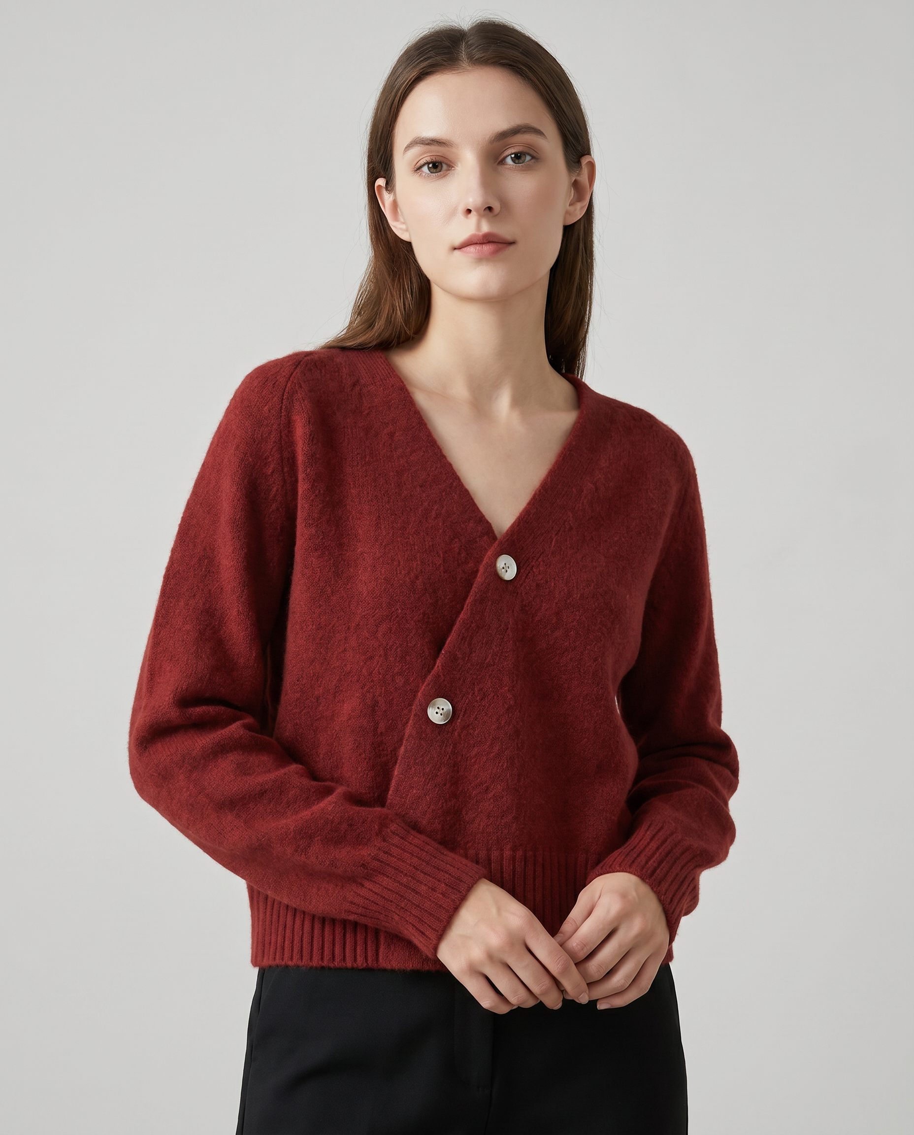 Women's Cross Button Cardigan V-Neck Long Sleeve Wool Blend Sweater