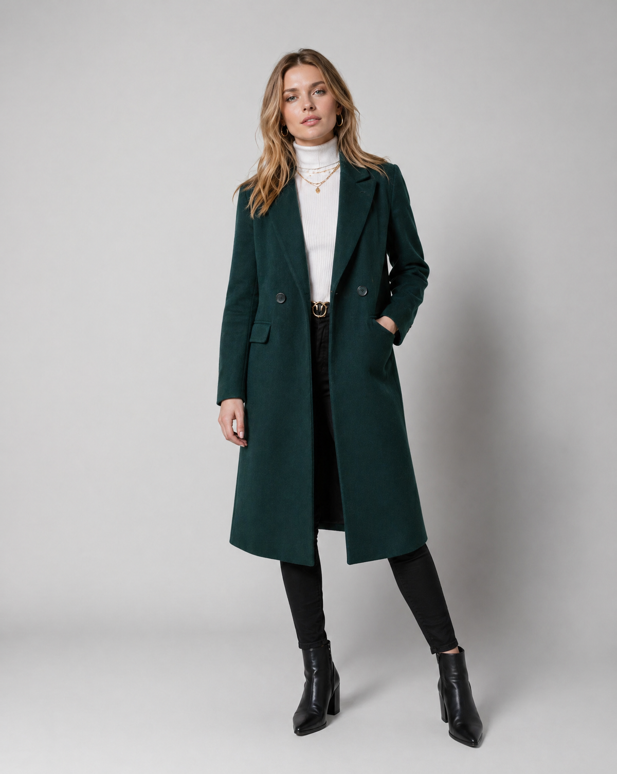 Women's Green Single-Breasted Longline Lapel Coat Double-Breasted Winter Overcoat