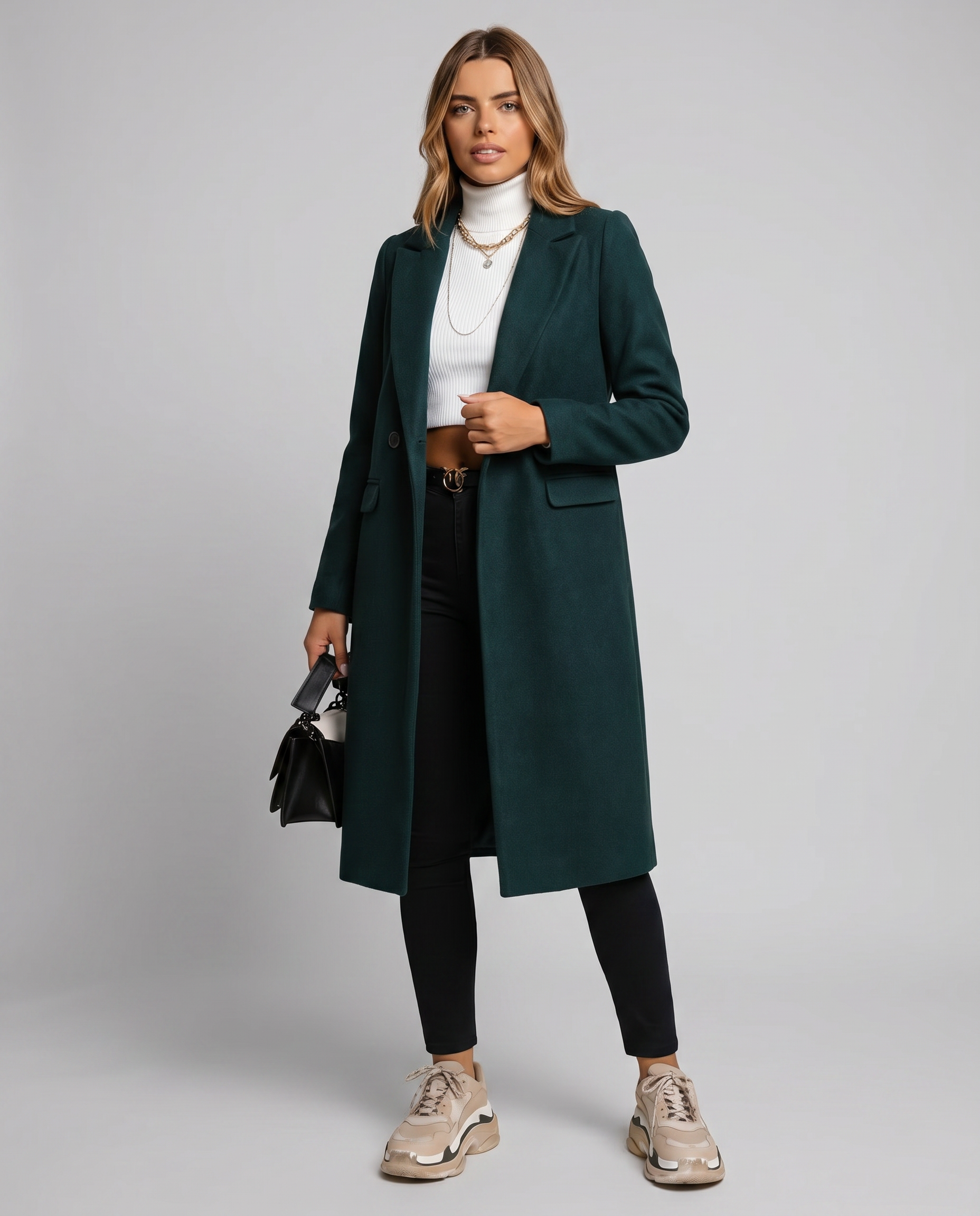 Women's Green Single-Breasted Longline Lapel Coat Double-Breasted Winter Overcoat