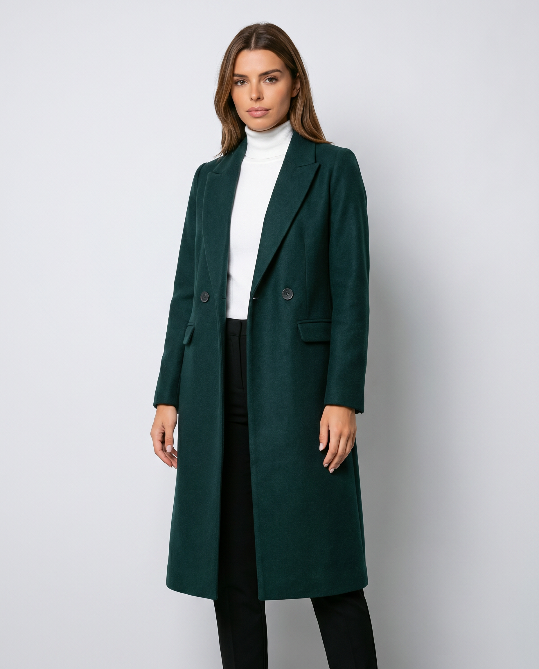 Women's Green Single-Breasted Longline Lapel Coat Double-Breasted Winter Overcoat