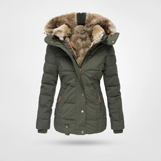 Women's Hooded Puffer Jacket – Mid-Length Quilted Fur Trim Winter Coat
