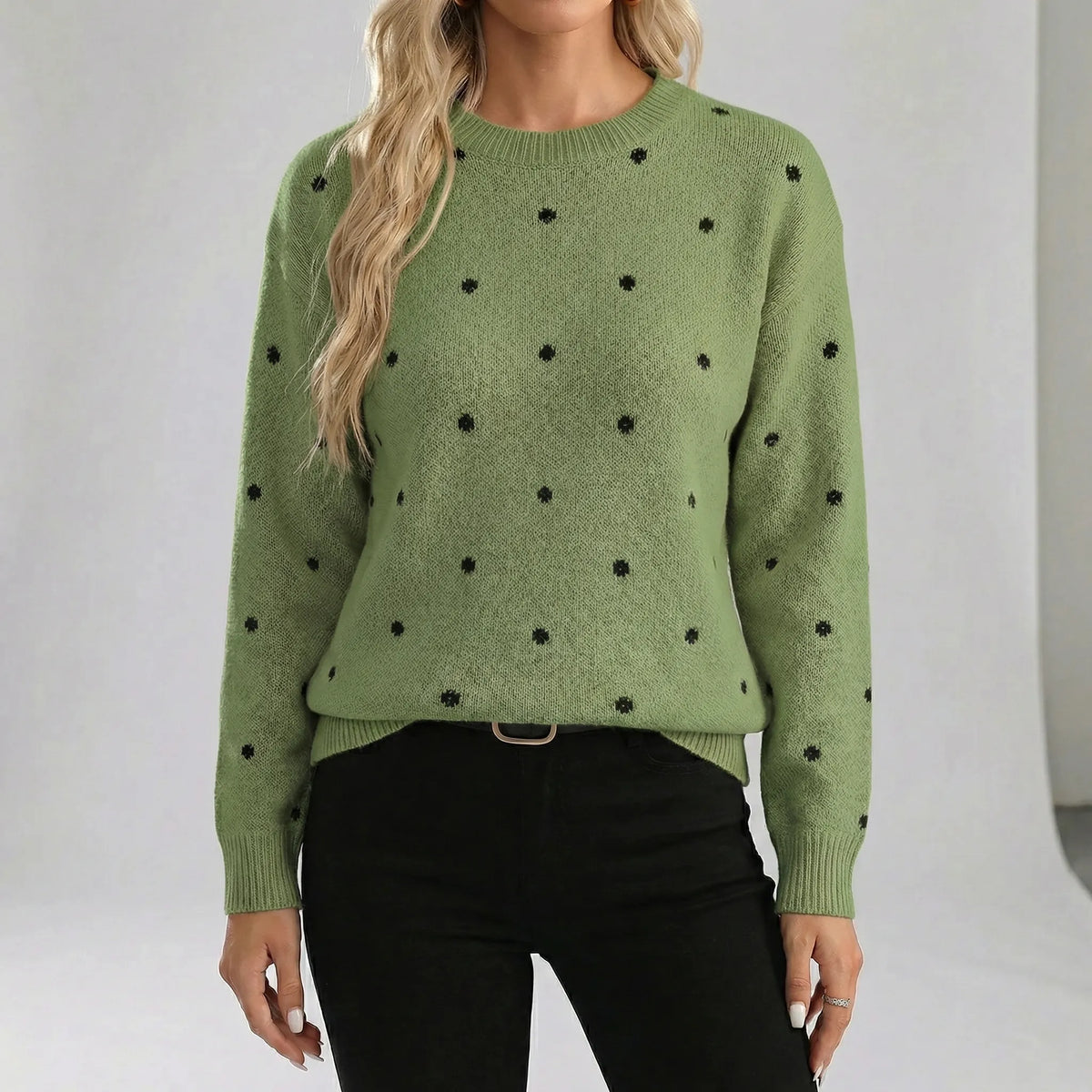 Women's Relaxed Fit Polka Dot Sweater Crewneck Long Sleeve Knit