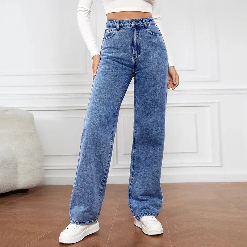 Women's High Waist Wide Leg Jeans Straight Five-Pocket Casual Denim Pants