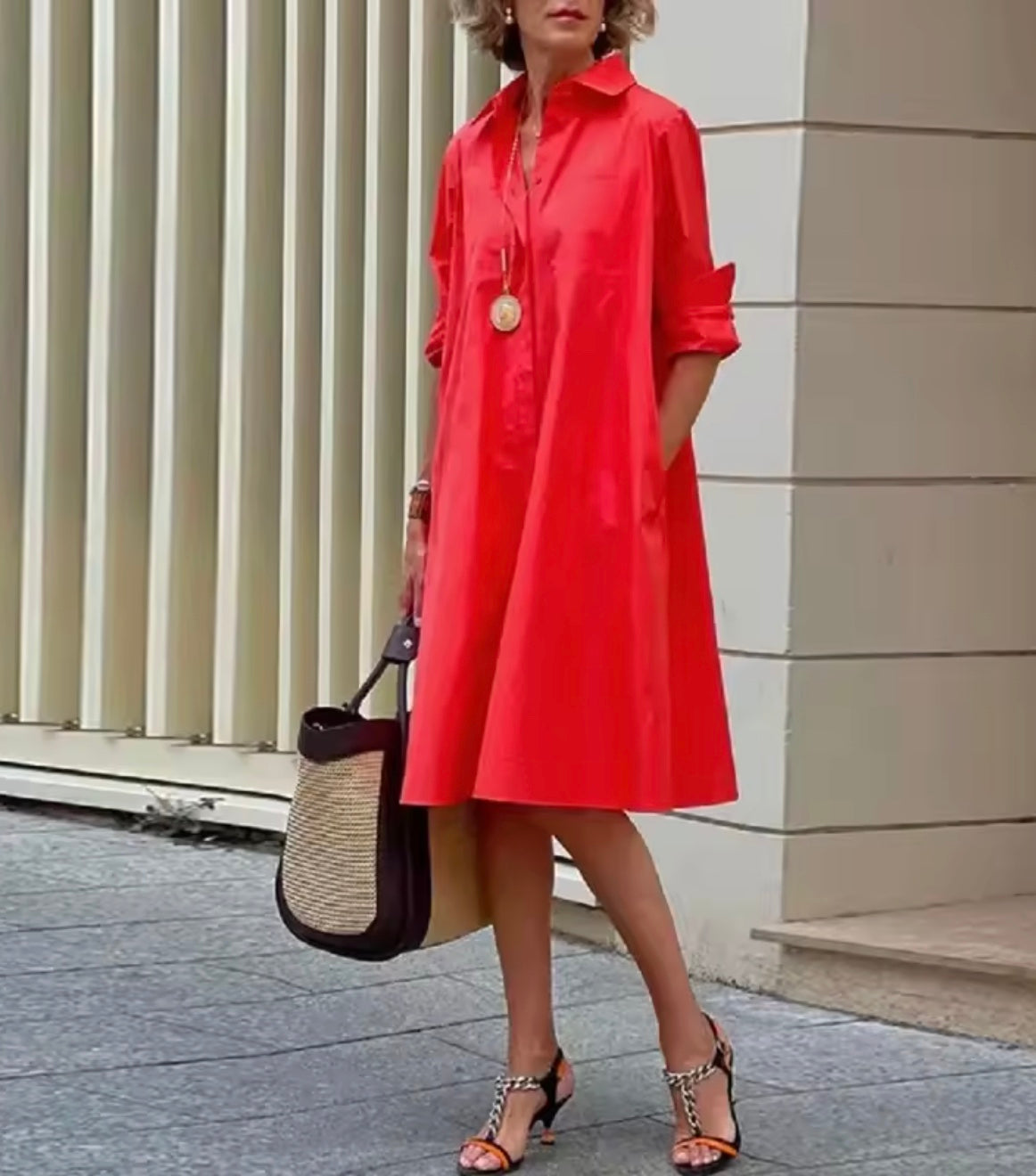 Women's Shirt Dress Short Sleeve Button Closure Midi Length
