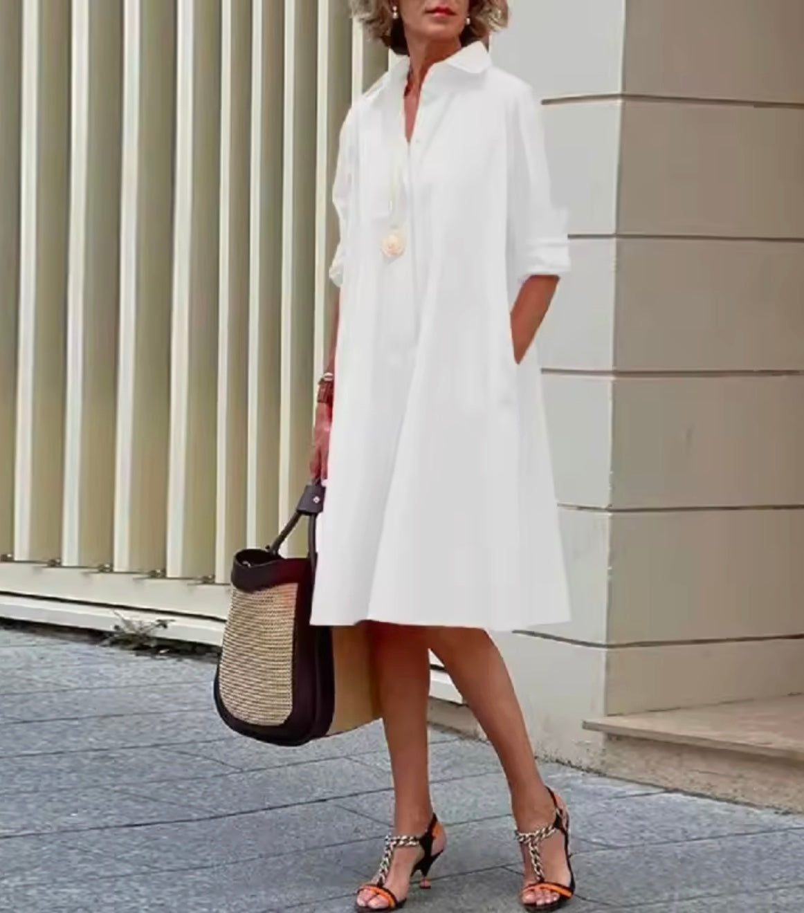 Women's Shirt Dress Short Sleeve Button Closure Midi Length
