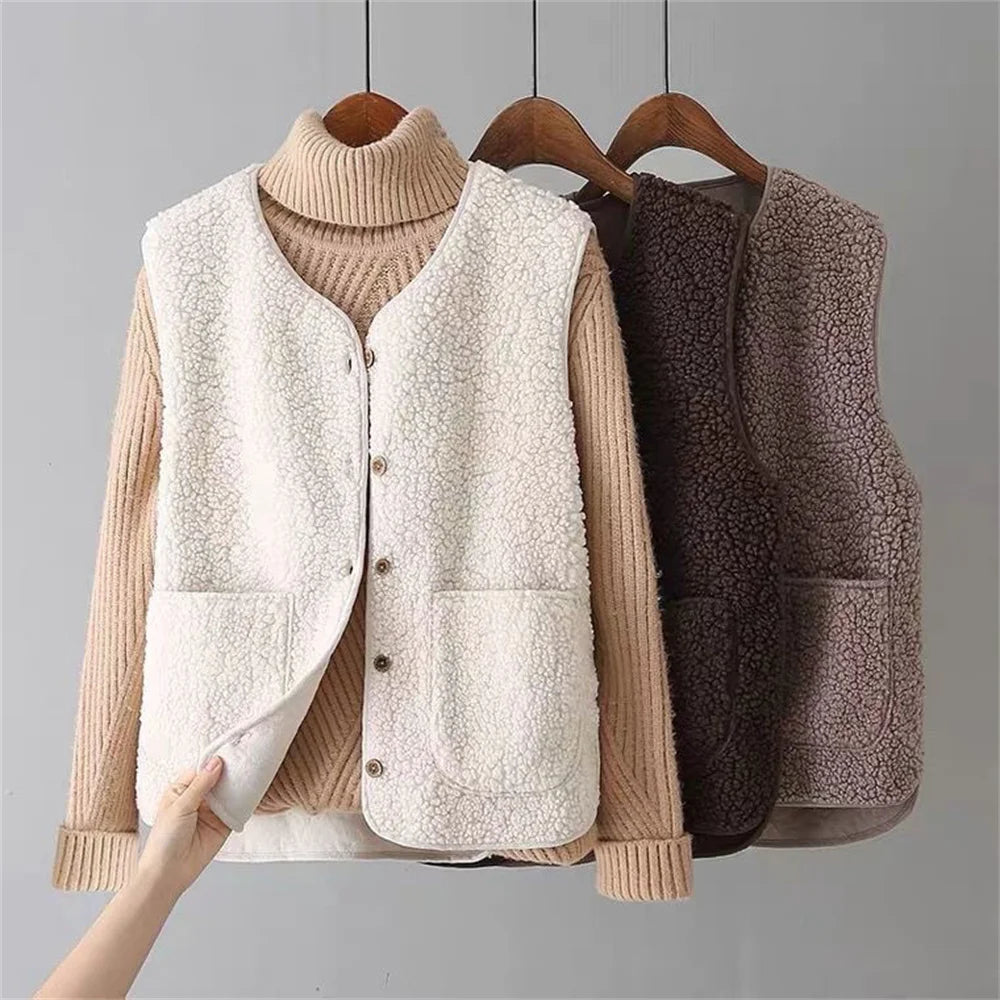 Women's Faux Shearling Vest V-Neck Button-Front Sleeveless Cardigan with Pockets