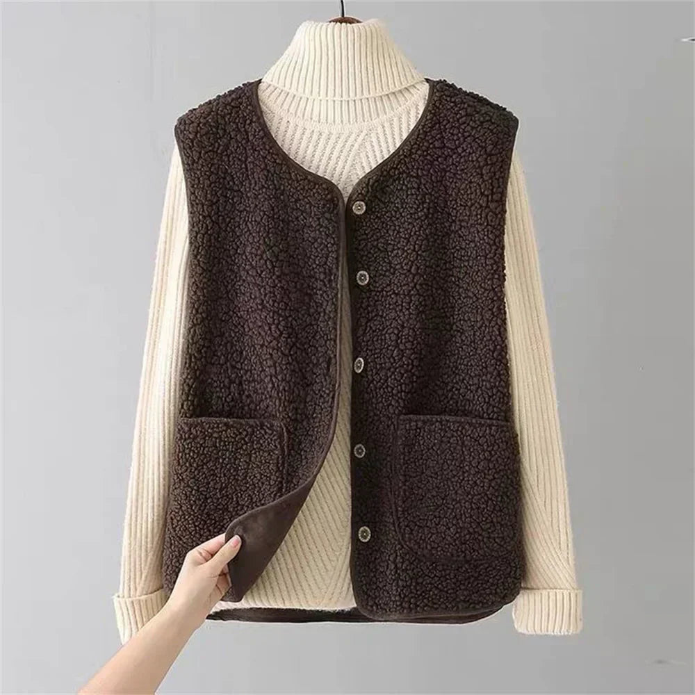 Women's Faux Shearling Vest V-Neck Button-Front Sleeveless Cardigan with Pockets