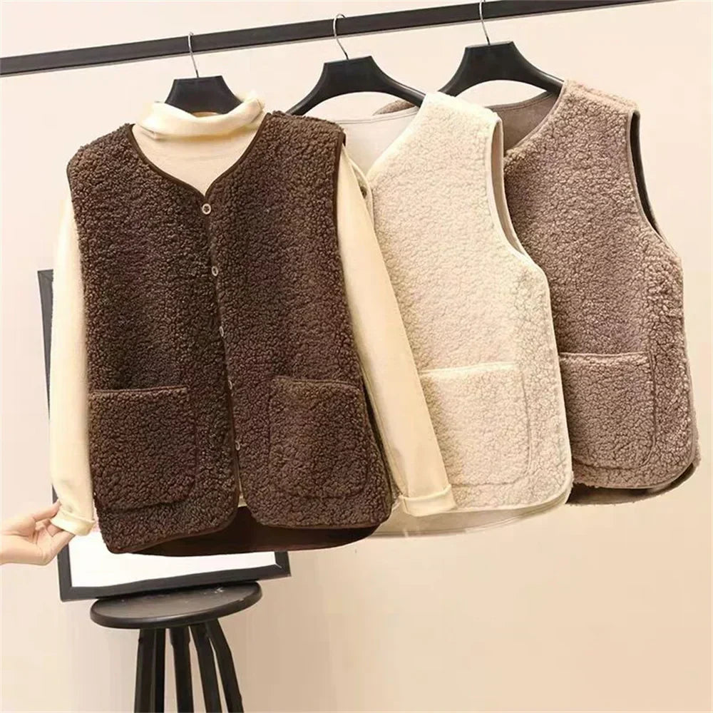 Women's Faux Shearling Vest V-Neck Button-Front Sleeveless Cardigan with Pockets
