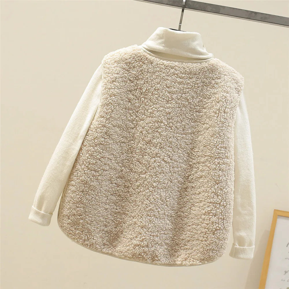 Women's Faux Shearling Vest V-Neck Button-Front Sleeveless Cardigan with Pockets