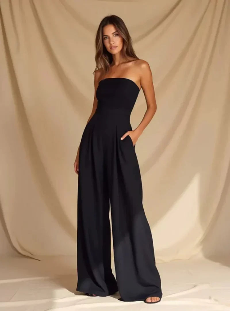 Women's Strapless Wide Leg Jumpsuit Pleated High Waist Summer Casual