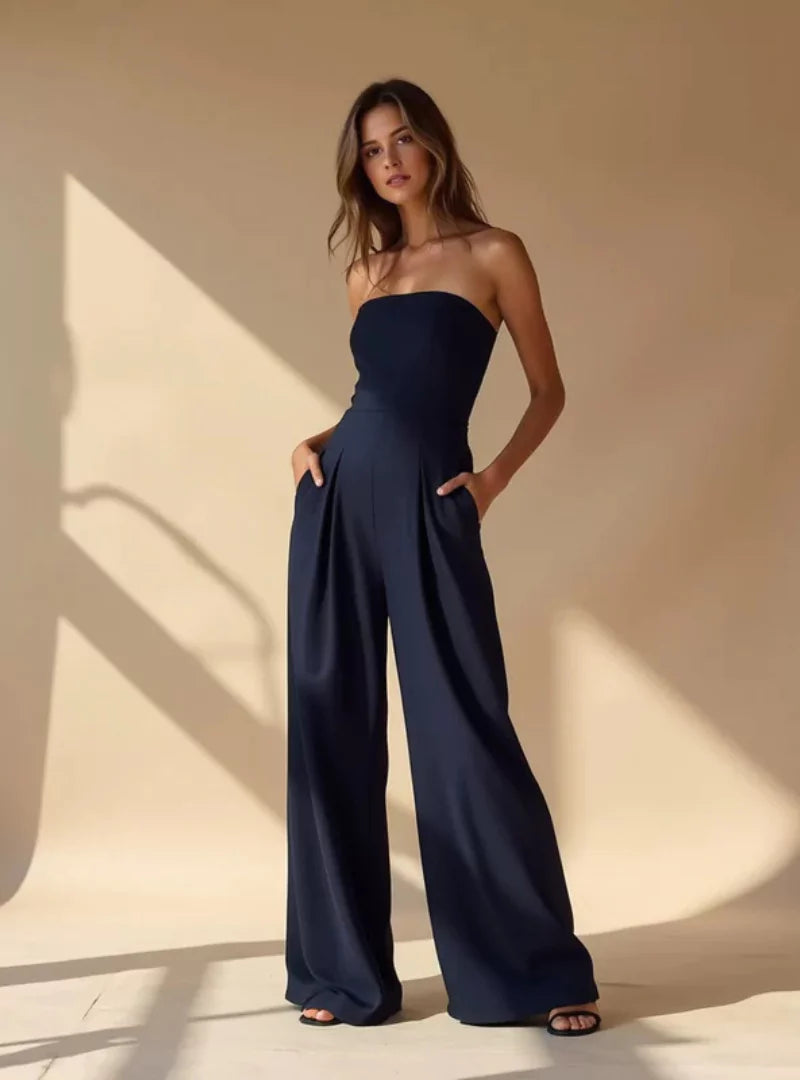 Women's Strapless Wide Leg Jumpsuit Pleated High Waist Summer Casual