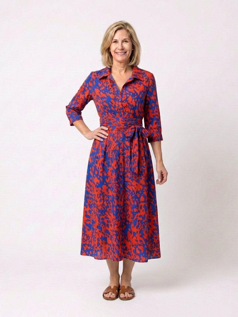 Women's Collared Midi Shirt Dress Long Sleeve Belted Abstract Print Slit Casual