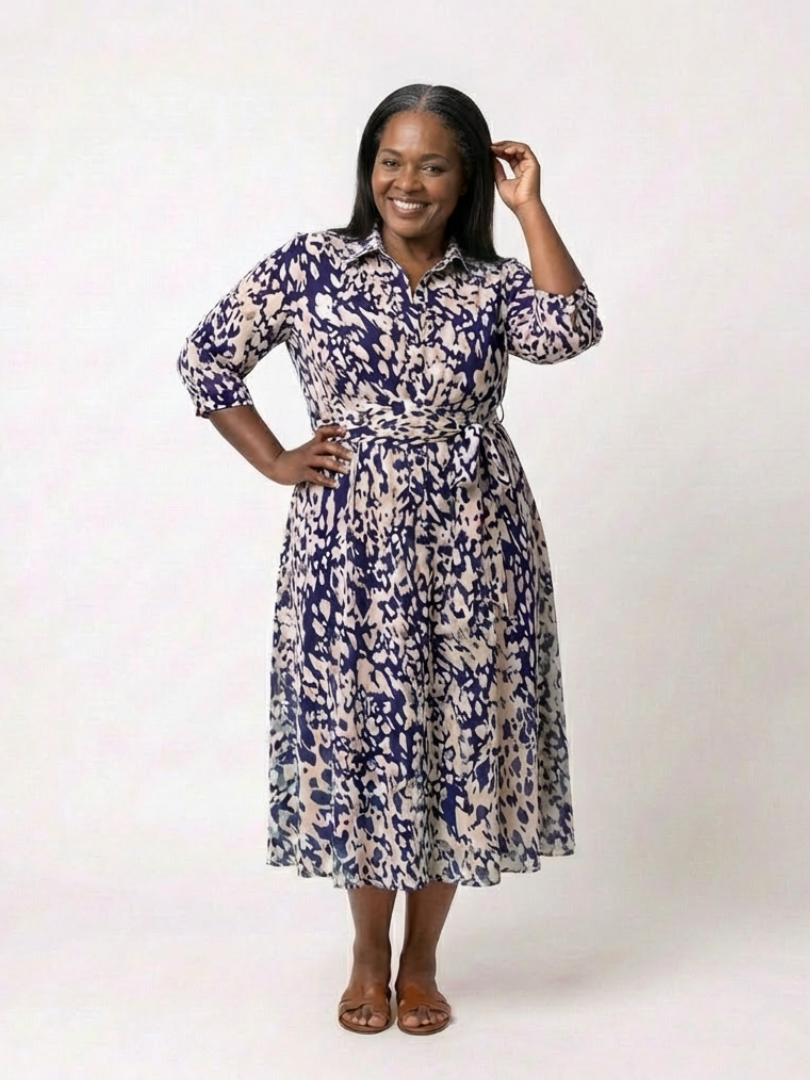 Women's Collared Midi Shirt Dress Long Sleeve Belted Abstract Print Slit Casual
