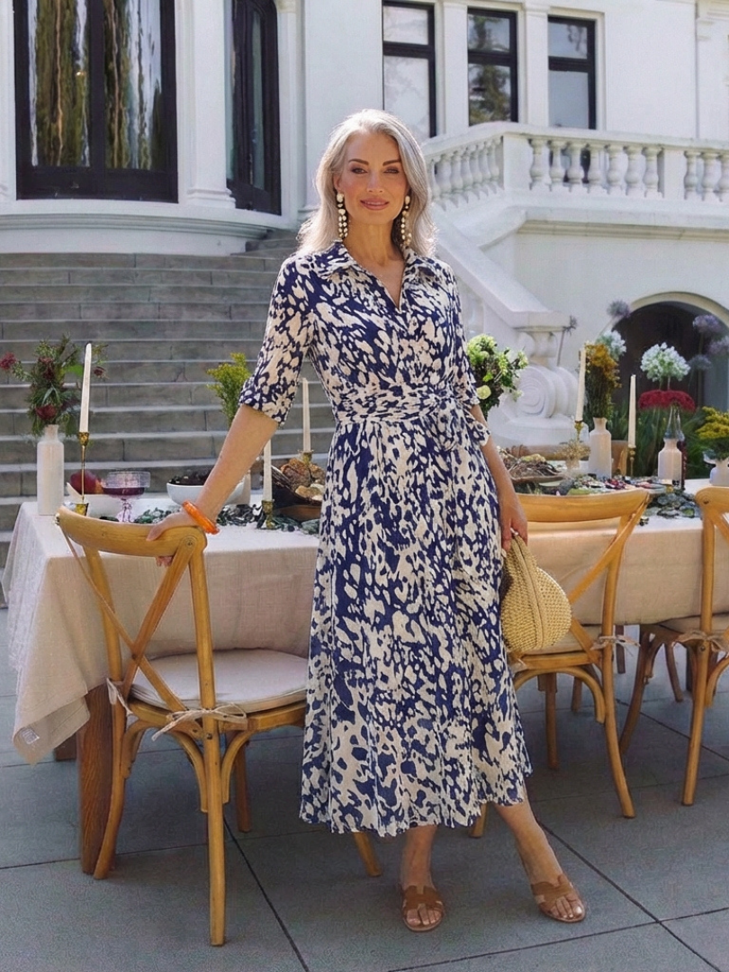 Women's Collared Midi Shirt Dress Long Sleeve Belted Abstract Print Slit Casual