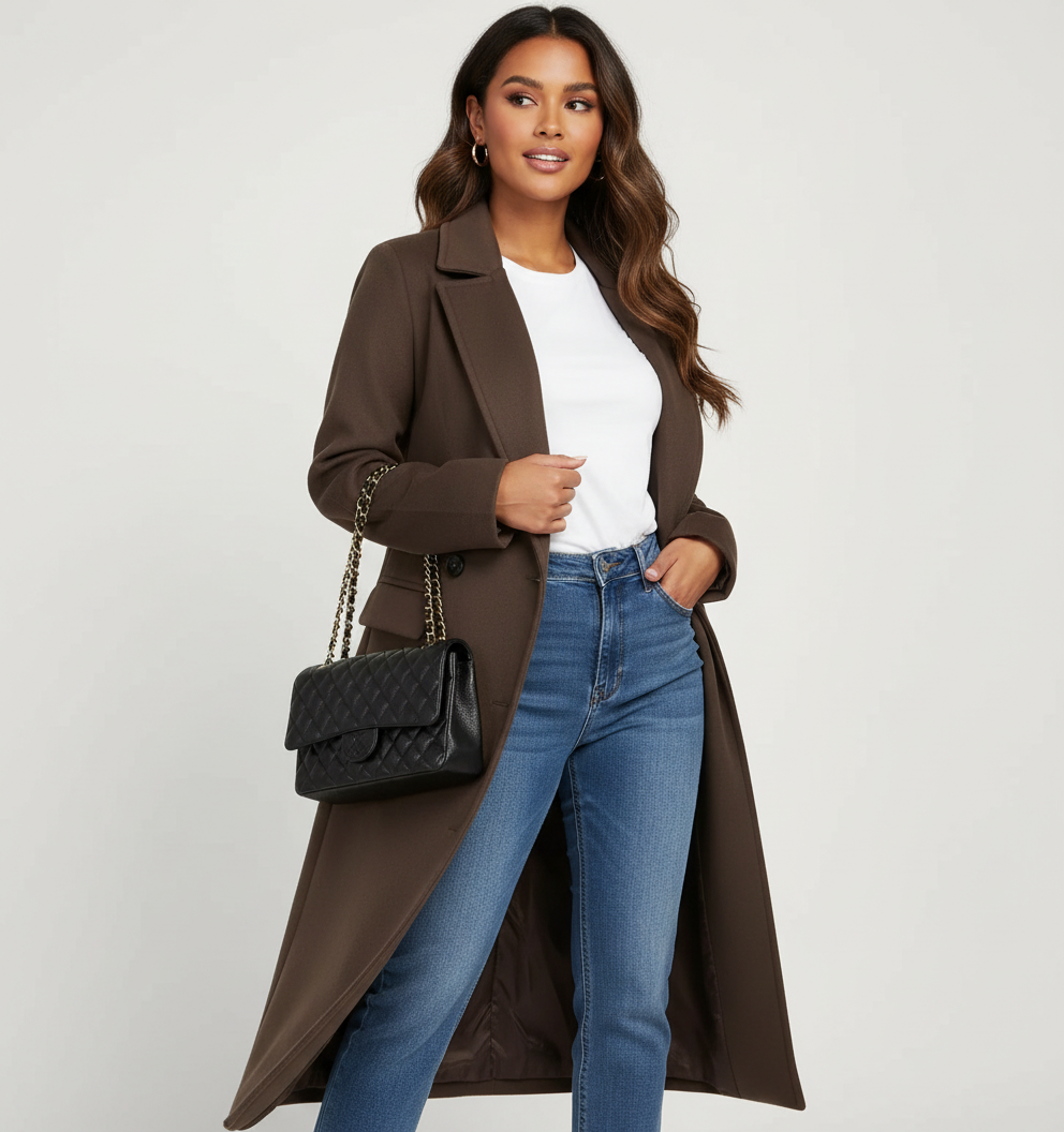 Women's Longline Overcoat Belted Double-Breasted Lapel Winter Coat