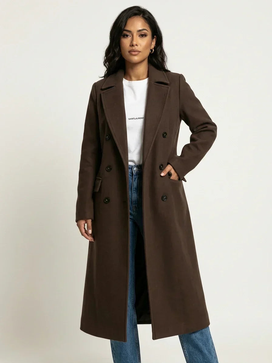 Women's Longline Overcoat Belted Double-Breasted Lapel Winter Coat