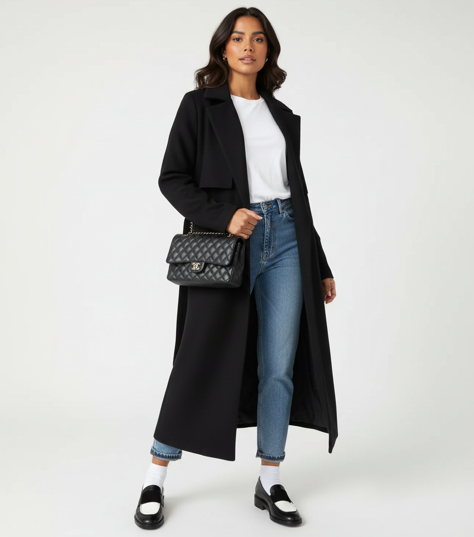 Women's Longline Overcoat Belted Double-Breasted Lapel Winter Coat