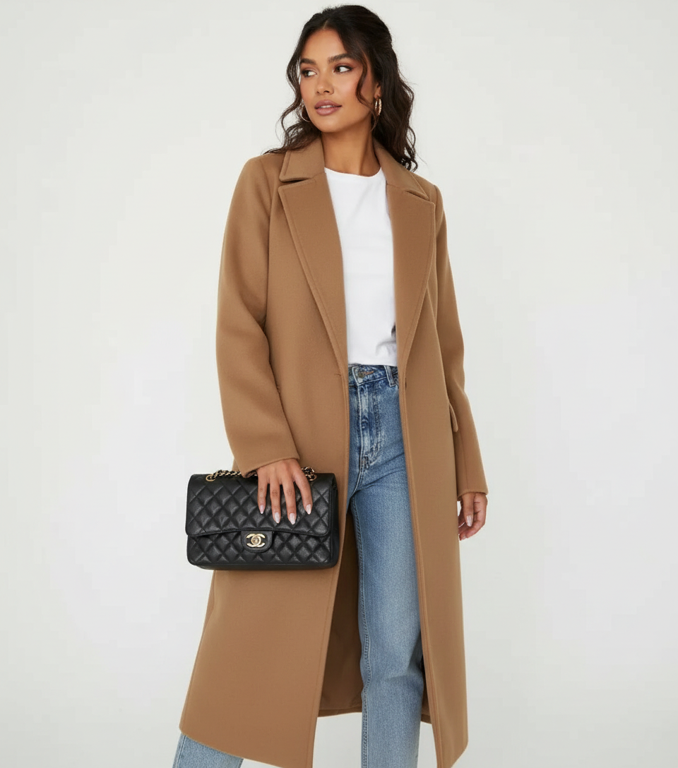 Women's Longline Overcoat Belted Double-Breasted Lapel Winter Coat