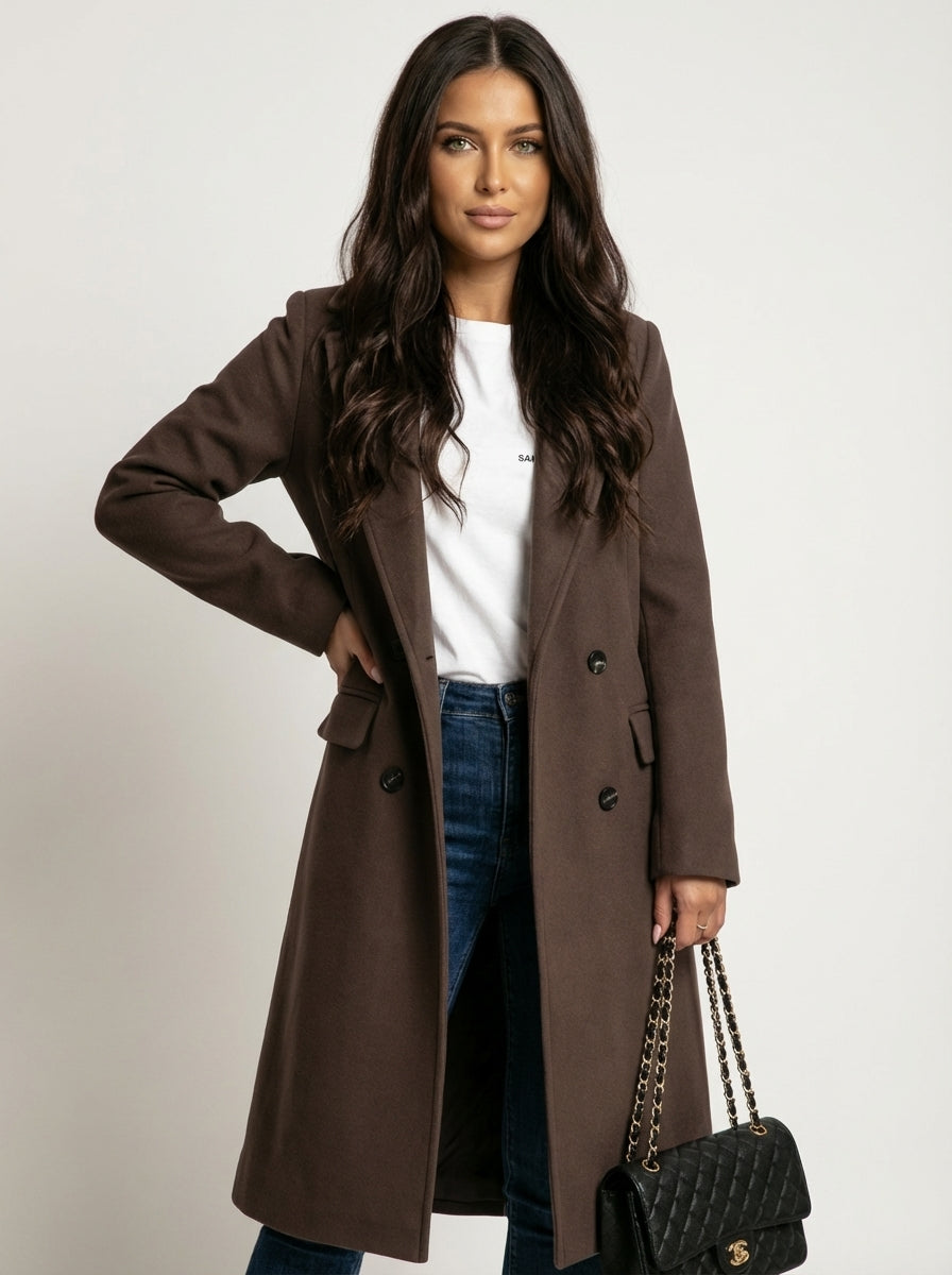 Women's Longline Overcoat Belted Double-Breasted Lapel Winter Coat