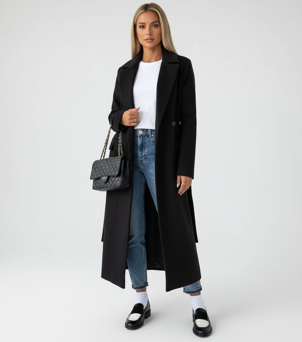 Women's Longline Overcoat Belted Double-Breasted Lapel Winter Coat