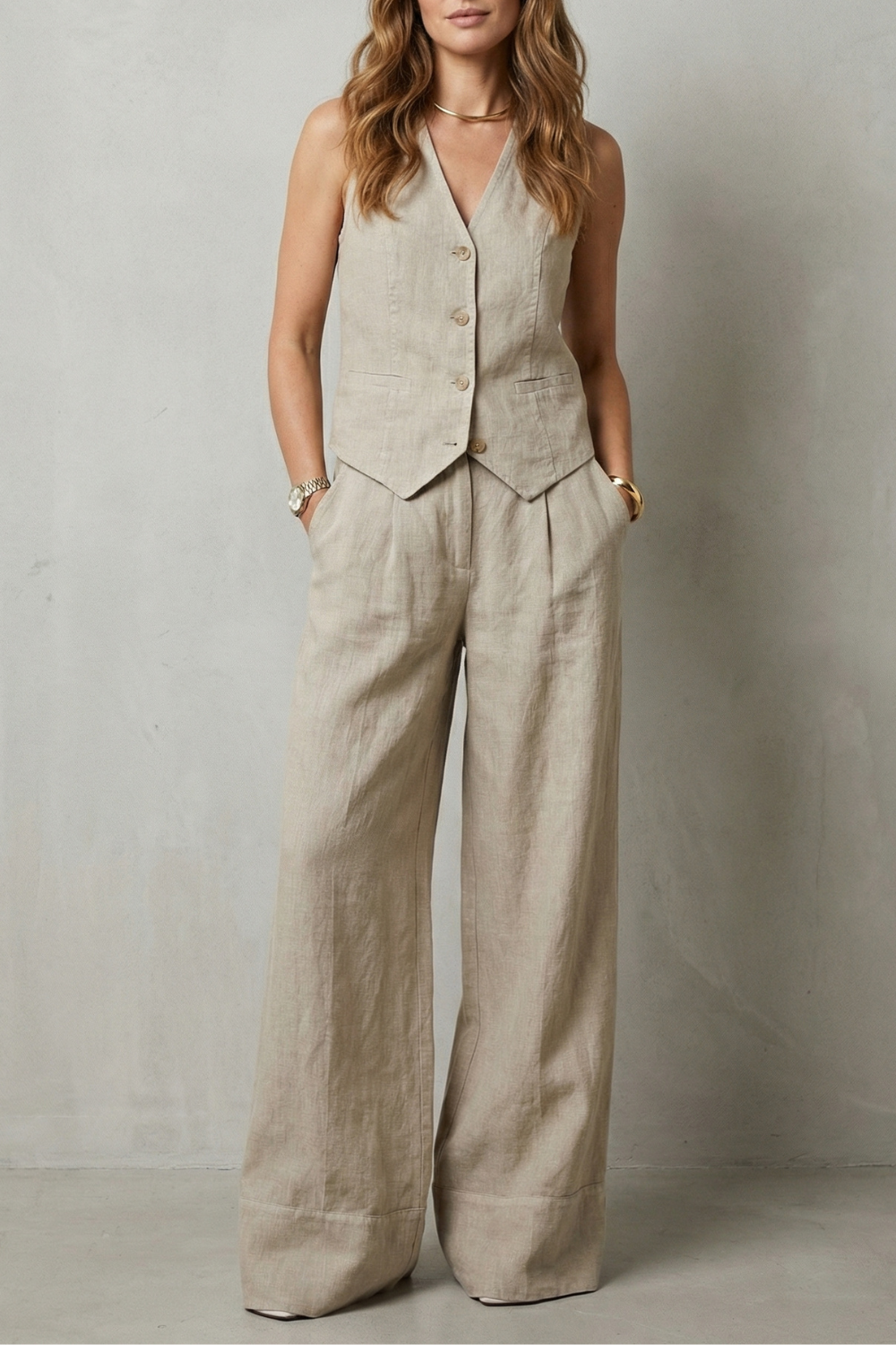 Women's Vest and Wide Leg Trouser Set V-Neck Button Front Tailored