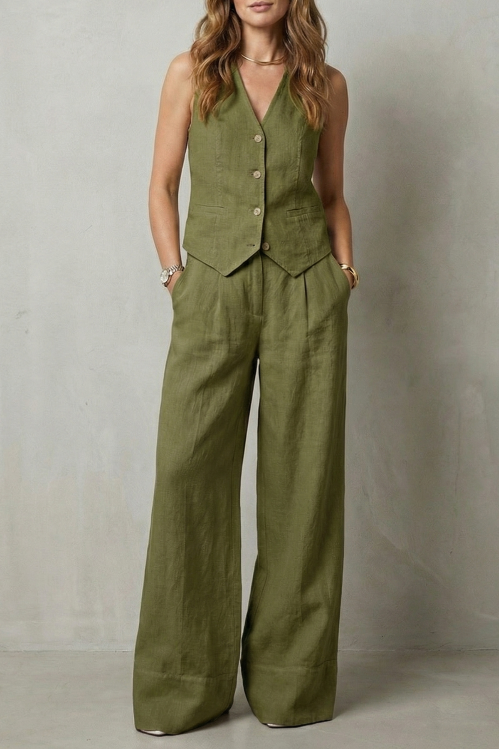 Women's Vest and Wide Leg Trouser Set V-Neck Button Front Tailored