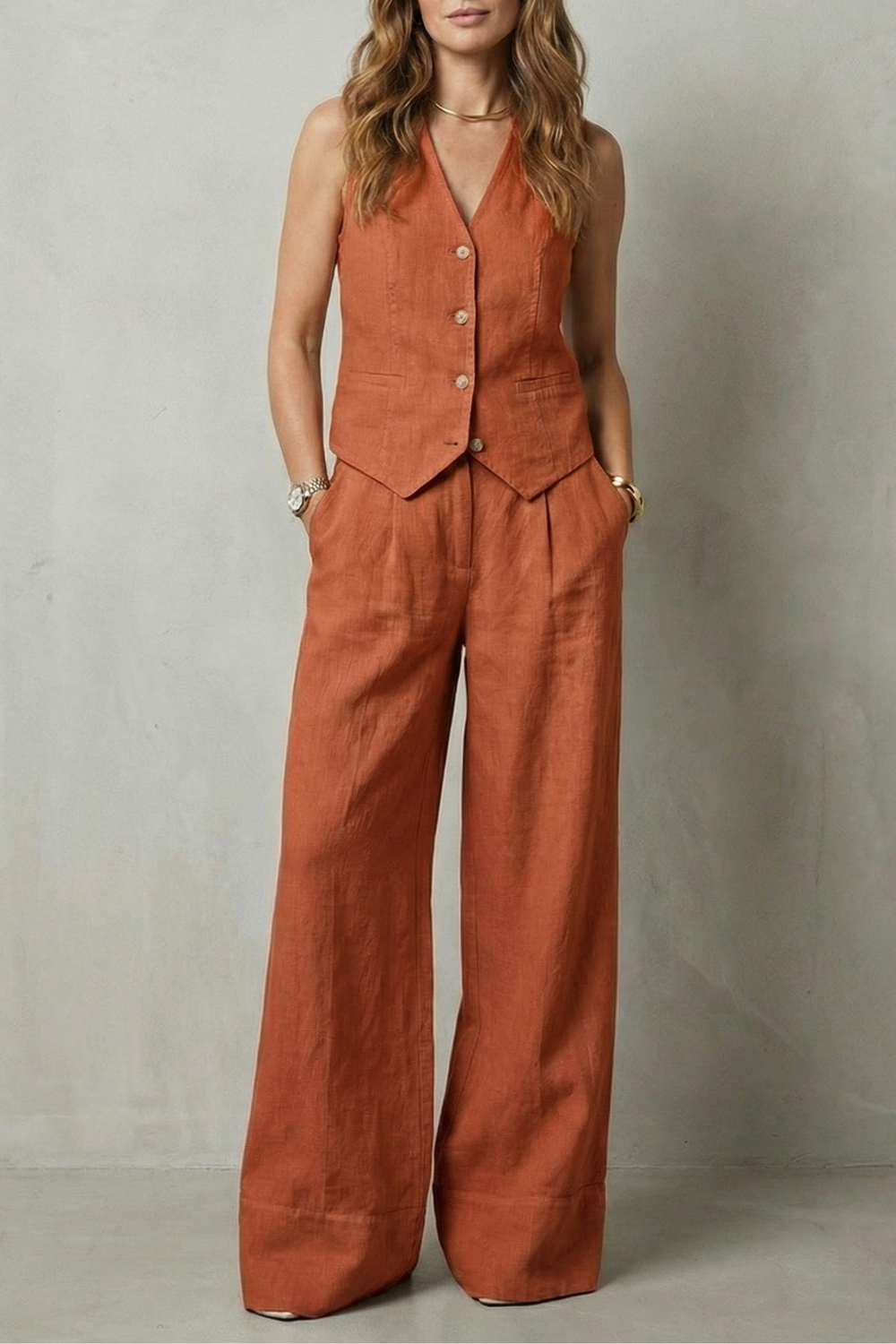 Women's Vest and Wide Leg Trouser Set V-Neck Button Front Tailored