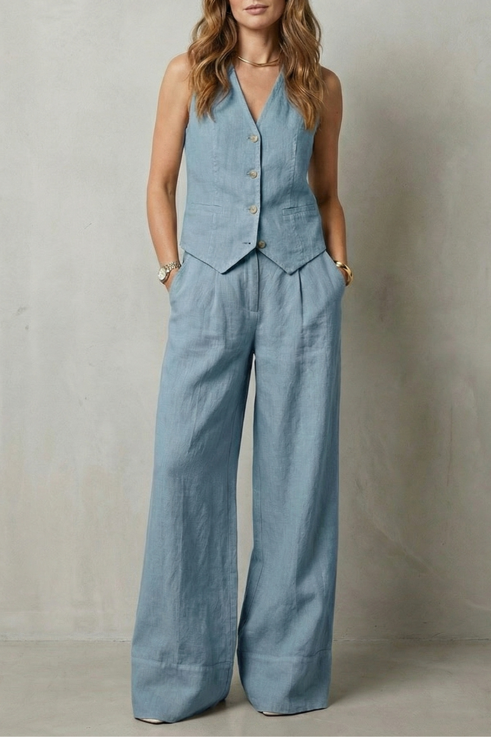 Women's Vest and Wide Leg Trouser Set V-Neck Button Front Tailored
