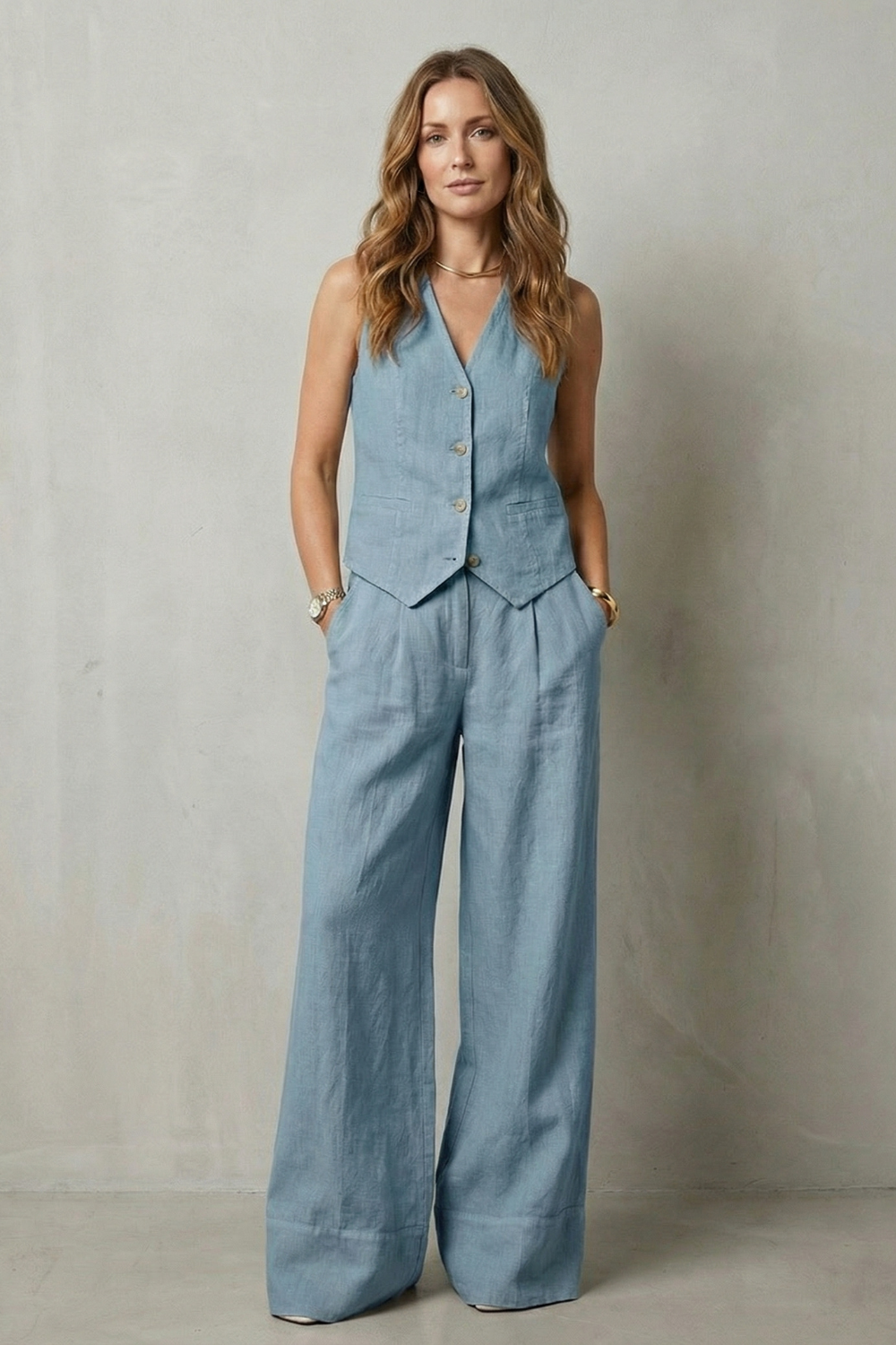 Women's Vest and Wide Leg Trouser Set V-Neck Button Front Tailored