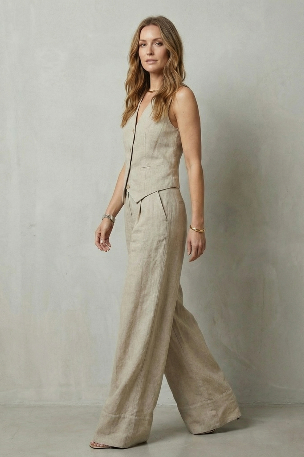 Women's Vest and Wide Leg Trouser Set V-Neck Button Front Tailored