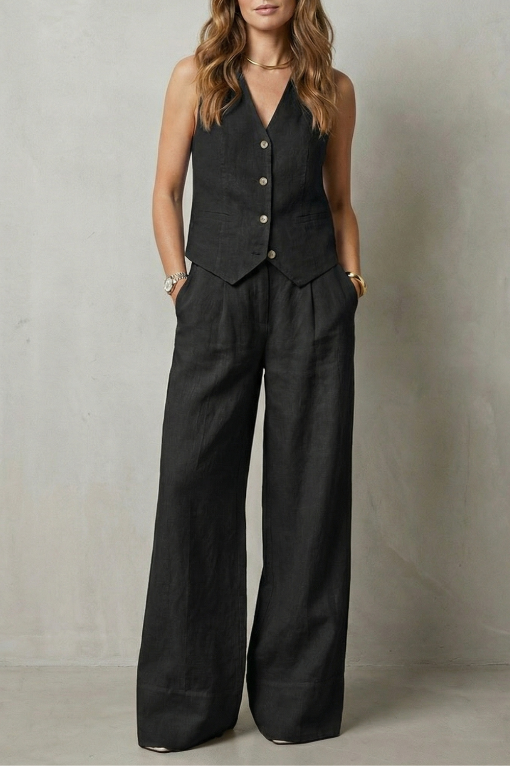 Women's Vest and Wide Leg Trouser Set V-Neck Button Front Tailored