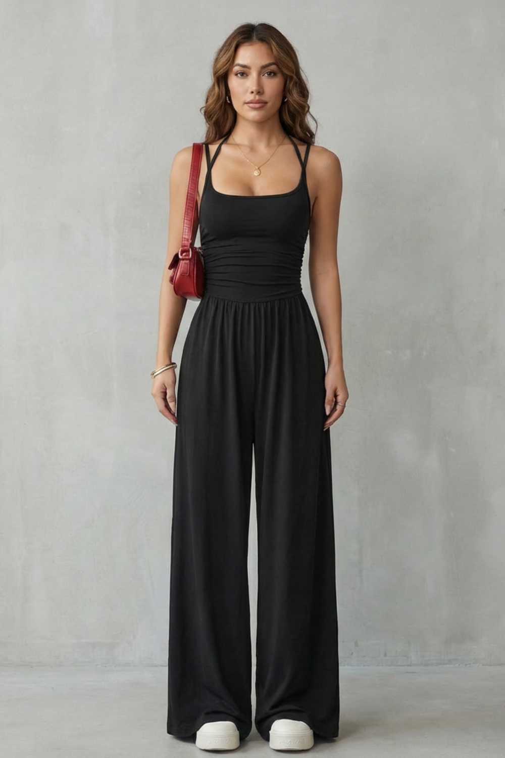 Women's Wide-Leg Jumpsuit Square Neck Double Strap Ruched Waist Sleeveless Casual