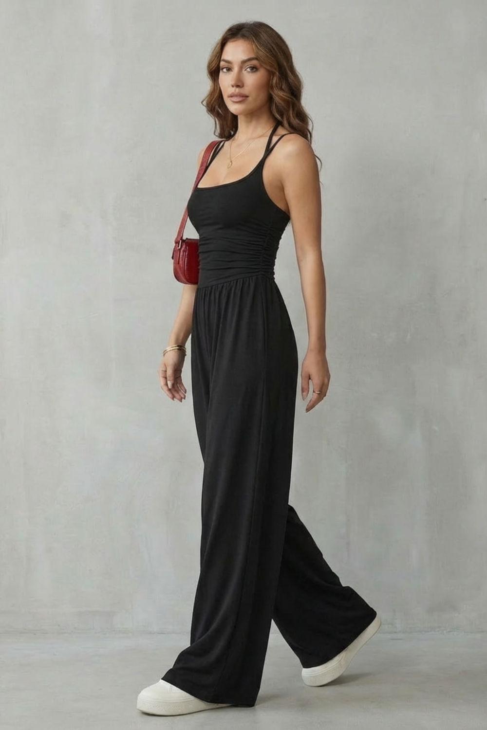 Women's Wide-Leg Jumpsuit Square Neck Double Strap Ruched Waist Sleeveless Casual